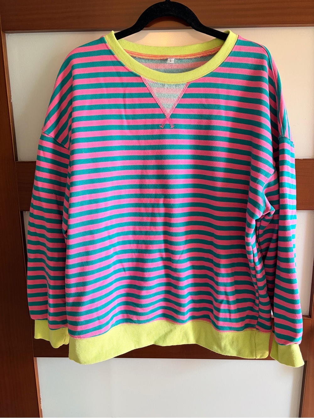 Striped Cotton-Blend Sweatshirt in Pink & Teal with Neon Yellow Trim